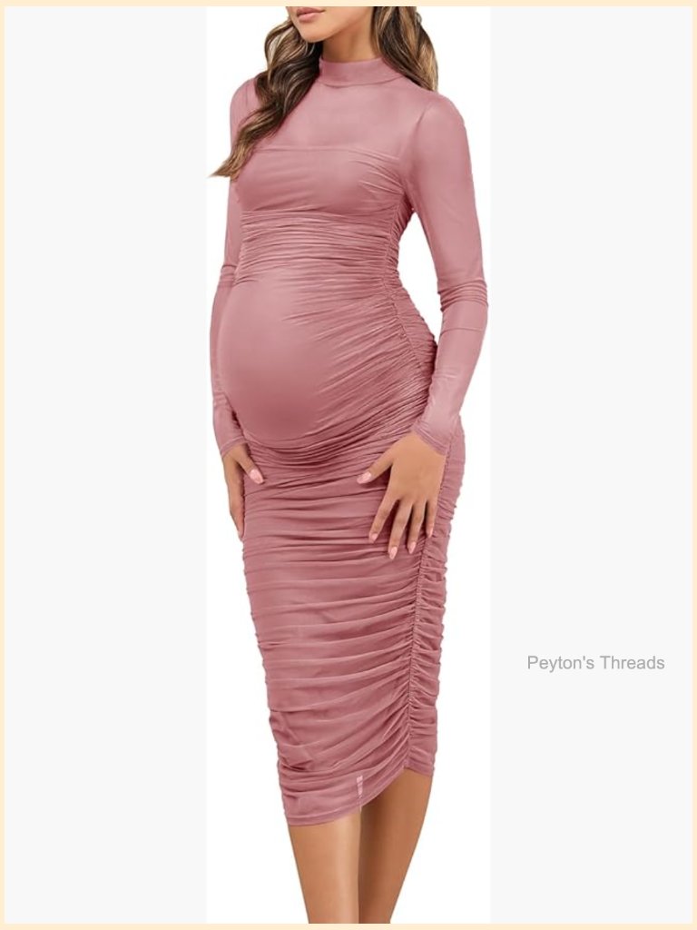 Maternity Mesh Bodycon Dress Mock Neck Long Sleeve Sheer Overlay With Zipper